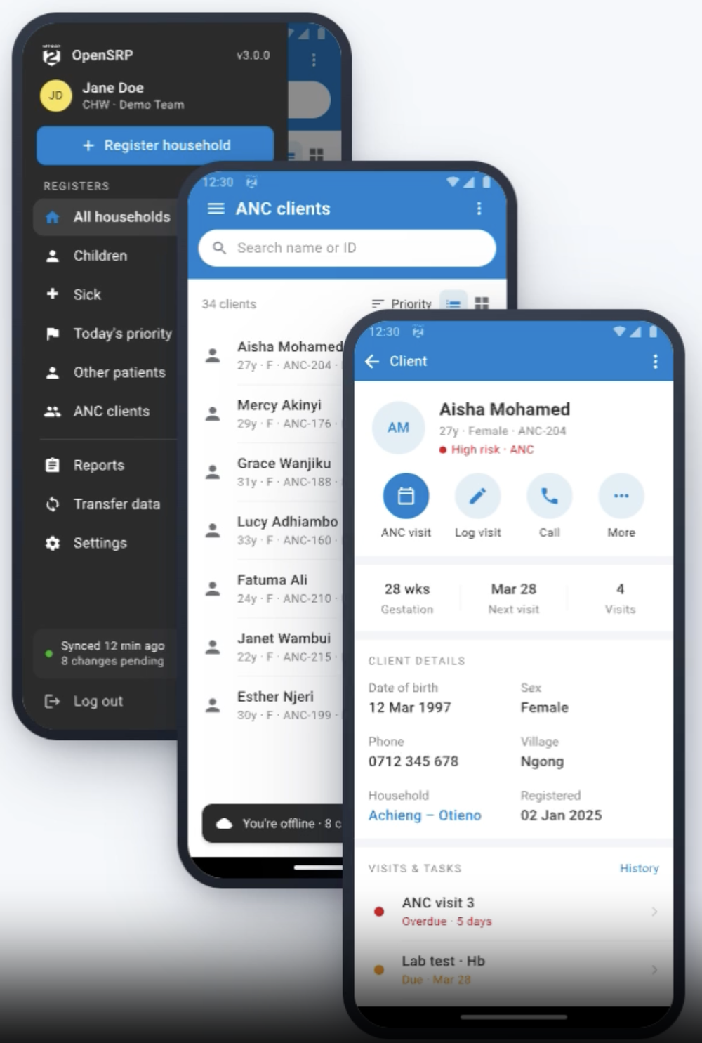 OpenSRP 2 on Android: register navigation, an ANC client list, and a client record with visits and tasks