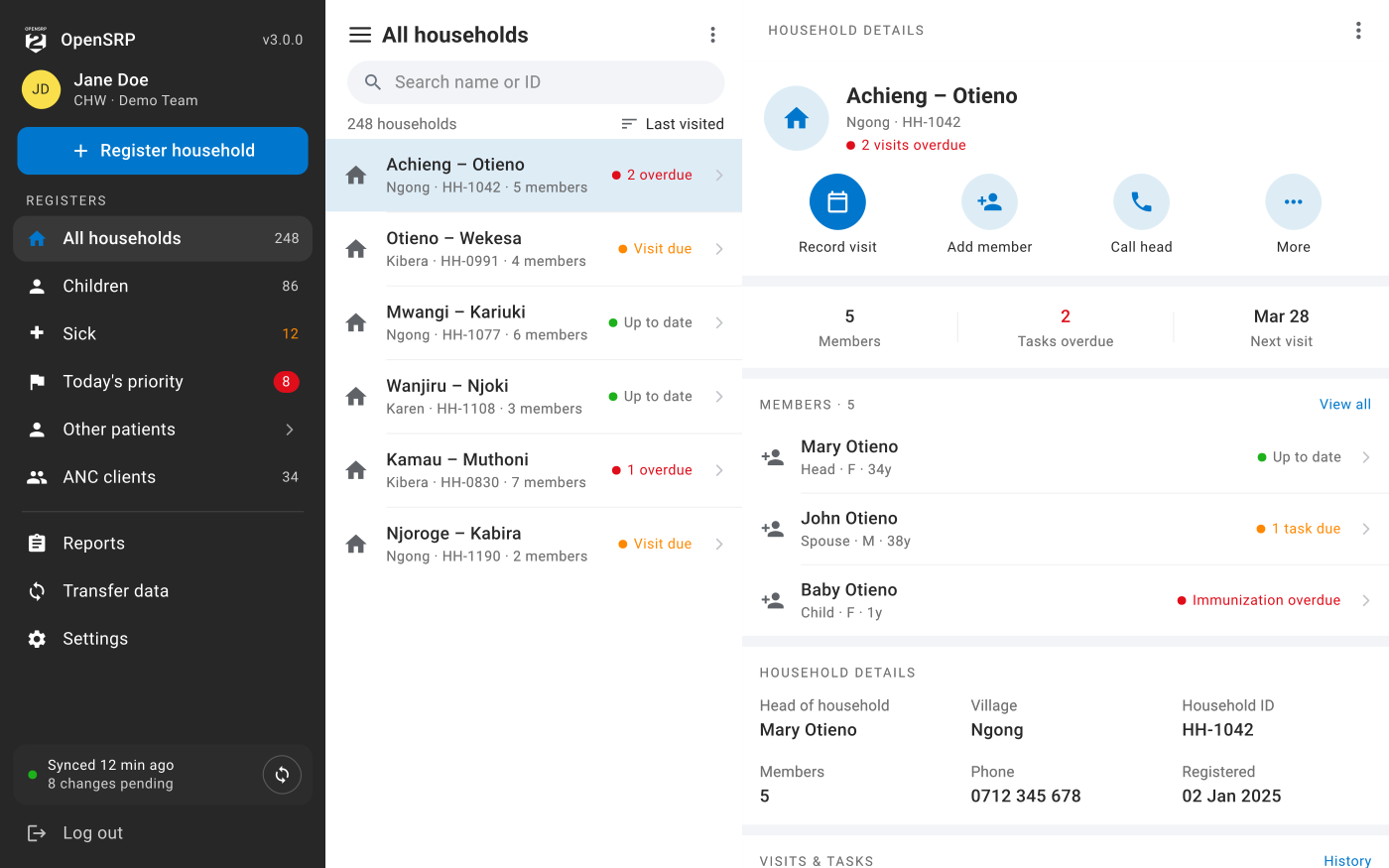OpenSRP on a larger screen: household register and household details side by side in an adaptive web layout